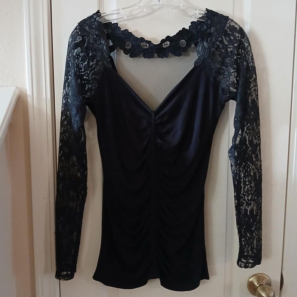 Whimsygoth black long-sleeve top ruched sheer lace sleeves mesh back floral XS